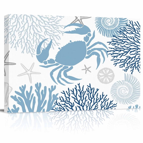 Summer Canvas Print Wall Art Navy Blue Crab Coral Seashell Nautical Coastal Ocean Pictures Painting Morden Artwork for Living Room Bedroom, Ready to Hang - 12"x16"