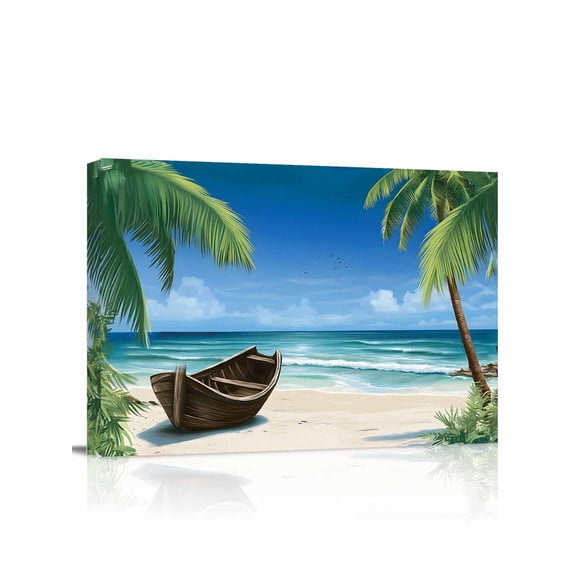 Summer Canvas Print Wall Art Palm Tree Ship Ocean Beach Pictures Painting Morden Artwork for Living Room Bedroom, Ready to Hang - 12"x16"