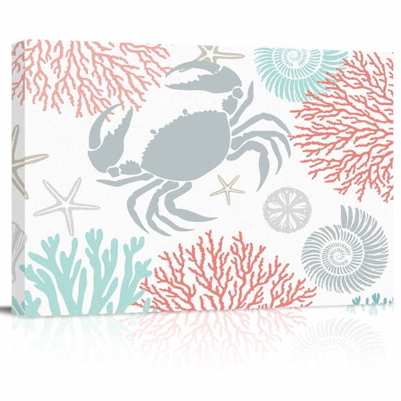 Summer Canvas Print Wall Art Red Orange Crab Coral Seashell Nautical Coastal Ocean Pictures Painting Morden Artwork for Living Room Bedroom, Ready to Hang - 12"x16"