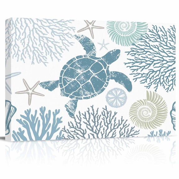 Summer Canvas Print Wall Art Teal Blue Khaki Coastal Ocean Sea Turtle Coral Seashell Pictures Painting Morden Artwork for Living Room Bedroom, Ready to Hang - 12"x16"