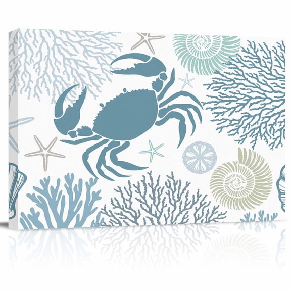 Summer Canvas Print Wall Art Teal Green Crab Coral Seashell Nautical Coastal Ocean Pictures Painting Morden Artwork for Living Room Bedroom, Ready to Hang - 12"x16"
