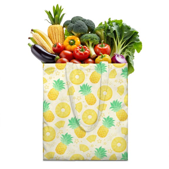 Summer Canvas Tote Bag – Pineapple Hawaiian Tropical Fruit Yellow Golden Exotic Pattern Print Aesthetic Pineapple Lover Sunshine Flowers Fresh Plant Reusable Tote Bag Eco-Friendly Foldable
