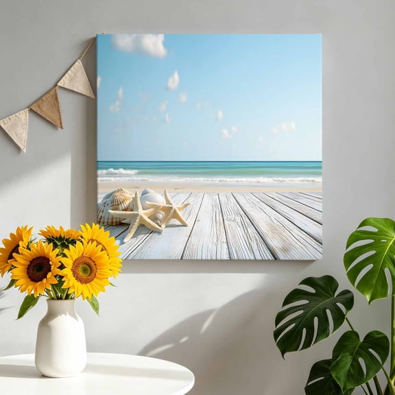 Summer Canvas Wall Art, Blue Beach Ocean Starfish Shell Plank Pictures Wall Decor Wooden Framed Artwork Art Prints for Living Room Hallway Bedroom Office 10"x10"