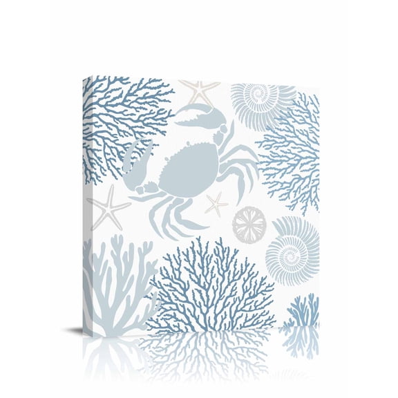 Summer Canvas Wall Art, Blue Grey Crab Coral Seashell Nautical Coastal Ocean Framed Wall Decor Modern Artwork Prints Painting for Living Room, Bedroom, Kitchen & Cafe Decor 8x8 Inch