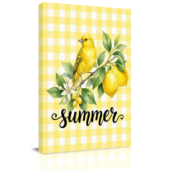 Summer Canvas Wall Art for Living Room, Yellow Birds on Lemon Branches Buffalo Plaid Pastoral Wall Decor Framed Artwork Pictures Ready to Hang for Bedroom Office Home Decor