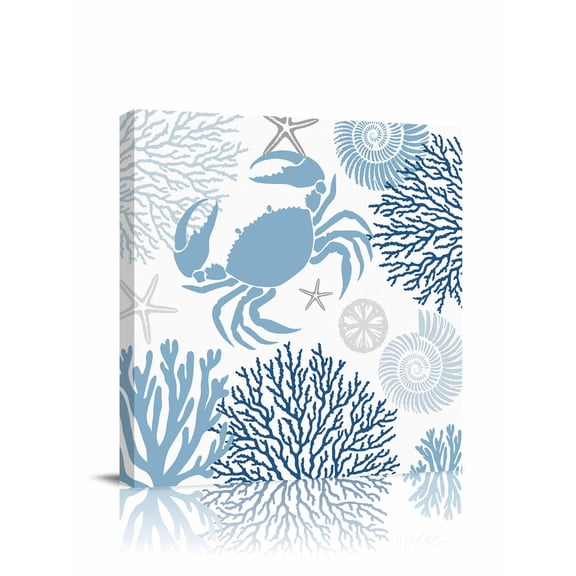 Summer Canvas Wall Art, Navy Blue Crab Coral Seashell Nautical Coastal Ocean Framed Wall Decor Modern Artwork Prints Painting for Living Room, Bedroom, Kitchen & Cafe Decor 8x8 Inch