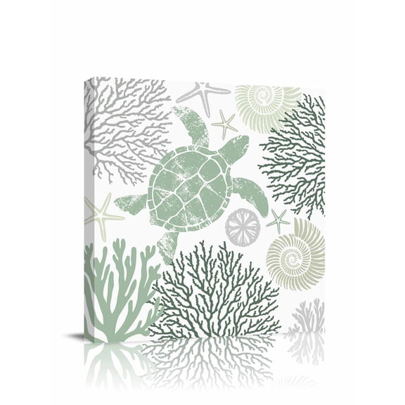 Summer Canvas Wall Art, Sage Green Coastal Ocean Sea Turtle Coral Seashell Framed Wall Decor Modern Artwork Prints Painting for Living Room, Bedroom, Kitchen & Cafe Decor 8x8 Inch