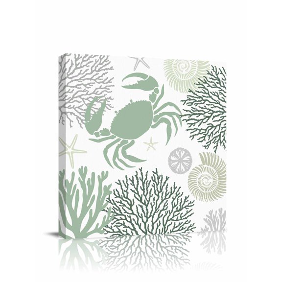 Summer Canvas Wall Art, Sage Green Crab Coral Seashell Nautical Coastal Ocean Framed Wall Decor Modern Artwork Prints Painting for Living Room, Bedroom, Kitchen & Cafe Decor 8x8 Inch