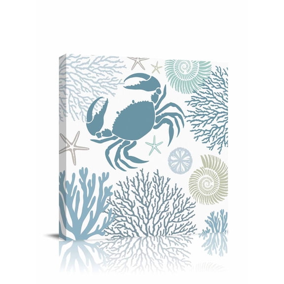 Summer Canvas Wall Art, Teal Green Crab Coral Seashell Nautical Coastal Ocean Framed Wall Decor Modern Artwork Prints Painting for Living Room, Bedroom, Kitchen & Cafe Decor 8x8 Inch