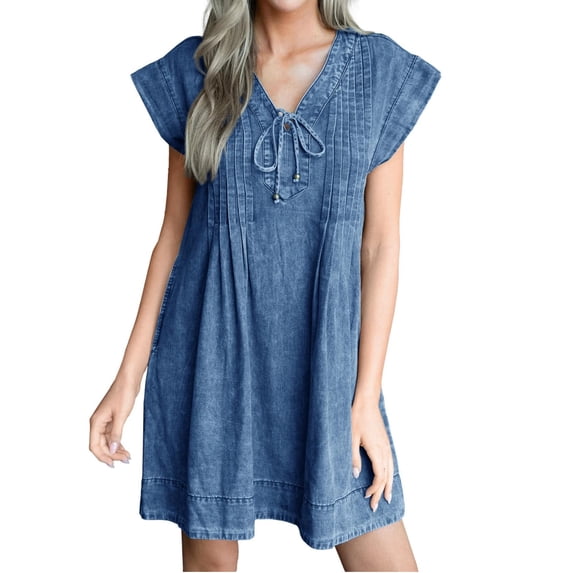 Summer Cap Sleeve Women Casual Tie V Neck Loose Denim Mini Dress