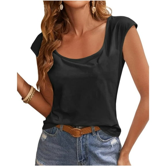 Summer Cap Sleeve Women Solid Color Scoop Neckline Casual T-shirt Simple Tops