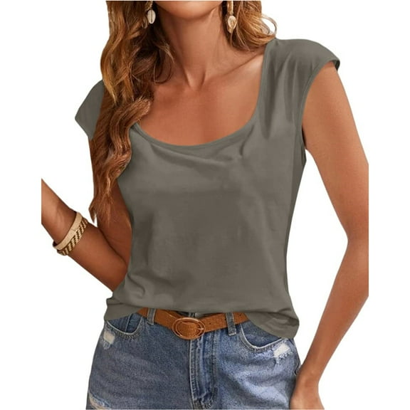 Summer Cap Sleeve Women Solid Color Scoop Neckline Casual T-shirt Simple Tops