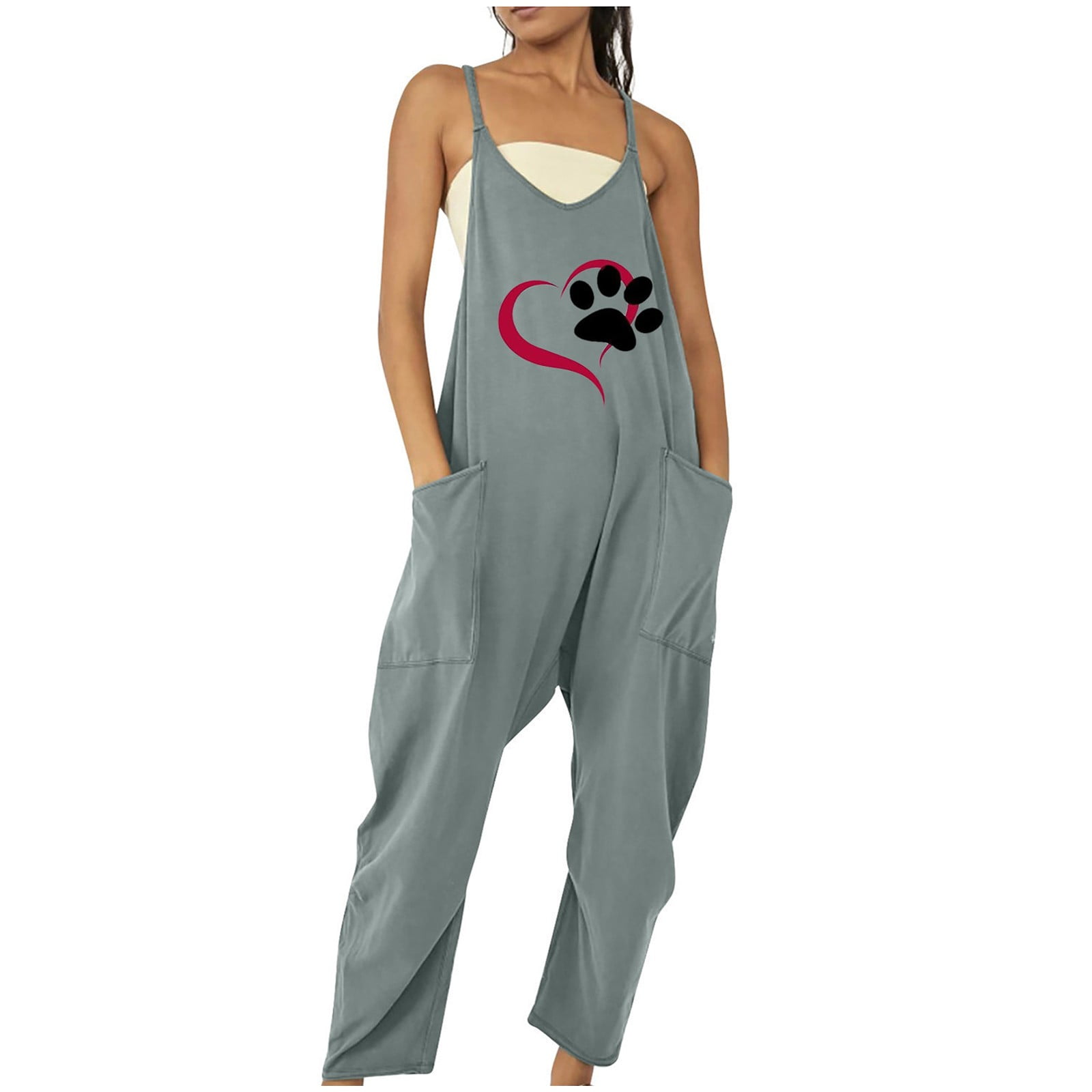 Summer Capri Jumpsuit for Women Womens Casual Jumpsuits Summer Rompers Sleeveless Loose Fit Overalls Baggy Spaghetti Strap Jumpers with Pockets 2023
