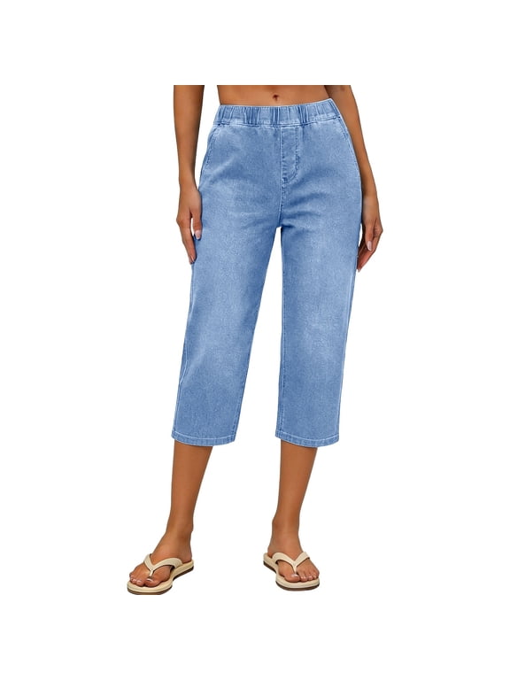 Summer Capri Pants,Denim Capris for Women Pull on Elastic Waist Cropped Pants Mid Rise Cropped Jean Pants Capri Jeans Summer Casual