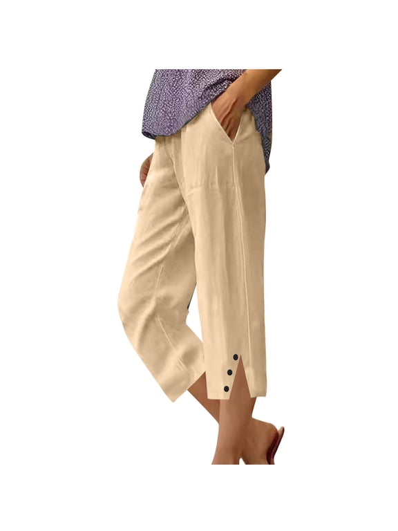 Summer Capri Pants,Linen Bermuda Shorts for Women Knee Length Summer Casual Elastic Waisted Side Split Button Shorts with Pockets