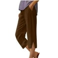 thumbnail image 1 of Summer Capri Pants,Linen Bermuda Shorts for Women Knee Length Summer Casual Elastic Waisted Side Split Button Shorts with Pockets, 1 of 4