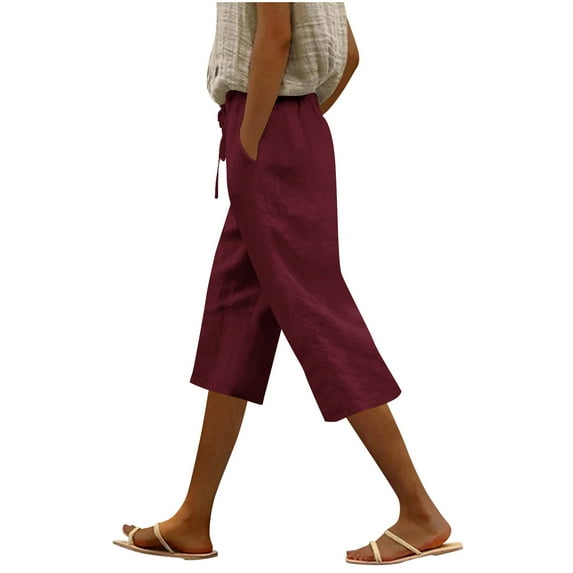 Summer Capri Pants for Women Casual Cotton Linen Straight Leg Vacation Beach Cropped Trouser with Pockets (XL, Wine)