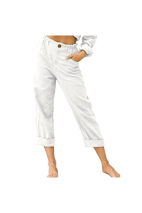 Summer Capri Pants for Women, Women's Cotton Linen Button Cropped Pants Ankle Soild Color Trousers with Pockets