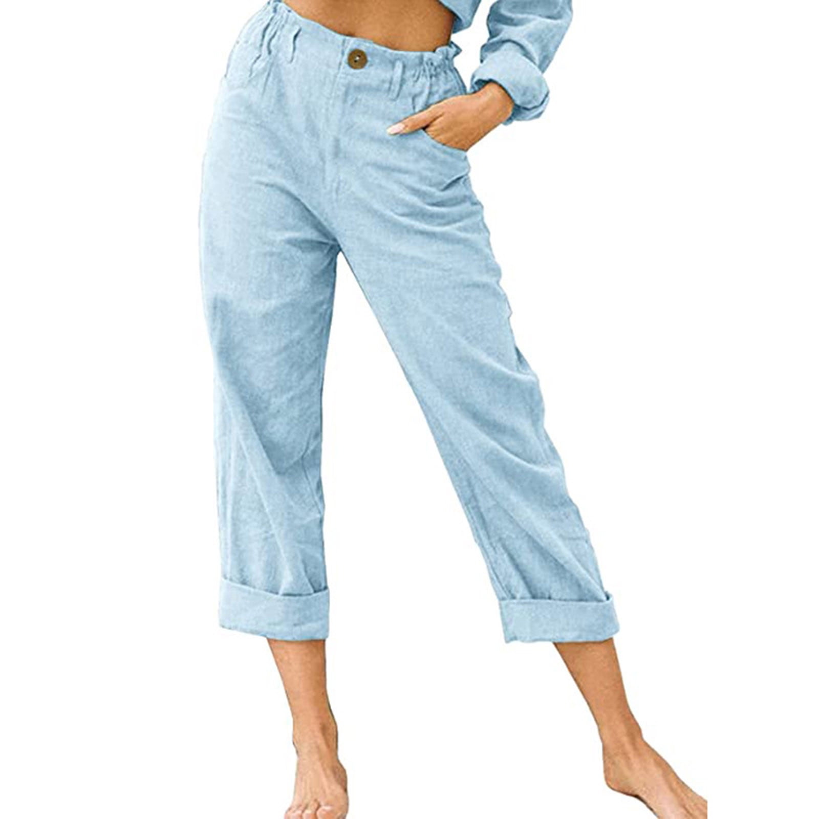 Summer Capri Pants for Women, Women's Cotton Linen Button Cropped Pants ...