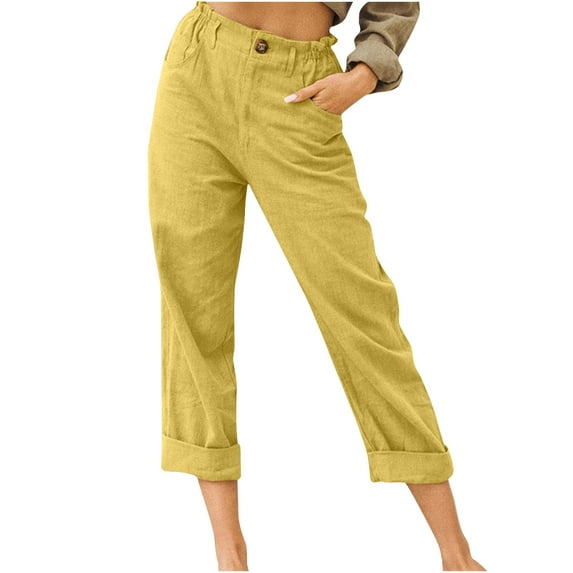 Summer Capri Pants for Women, Women's Cotton Linen Button Cropped Pants Ankle Soild Color Trousers with Pockets