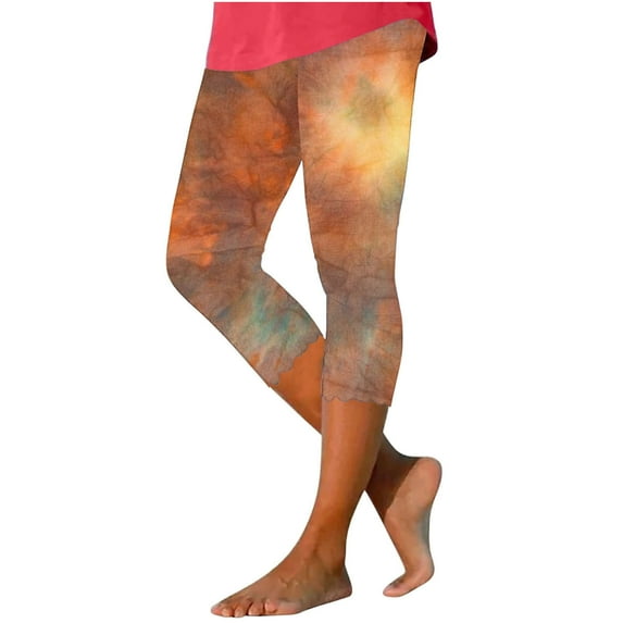 Summer Capris Pants for Women Athletic Tight Tie-Dying Print Elastic Waist Trousers Lightweight Workout Slimming Bottoms, Multicolor, M