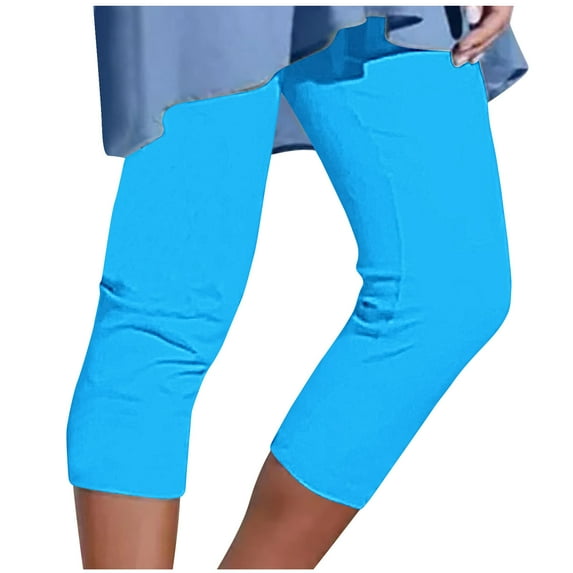 Summer Capris for Women 2025, Womens Lightweight Capri Leggings Under Dress or Long Tunic Tops Stretchy Yoga Pants (L, Blue)