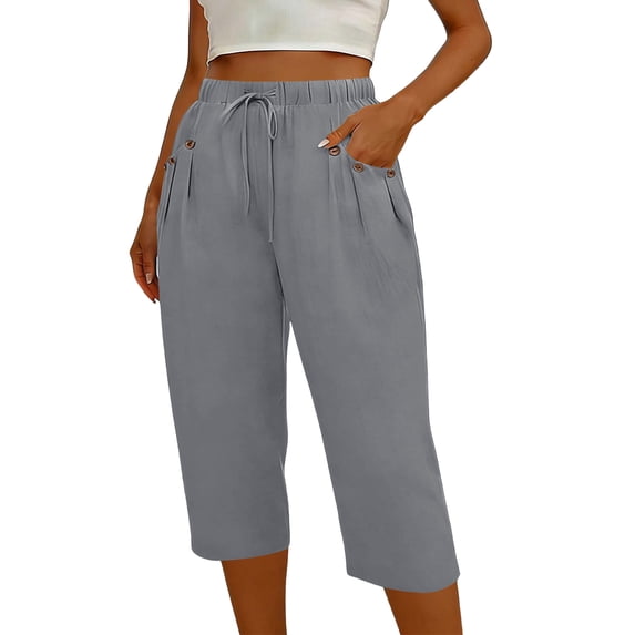 Summer Capris for Women Pleated Button Pockets Loose Lightweight Casual Linen Capri Pants with Drawcord (L, Gray)