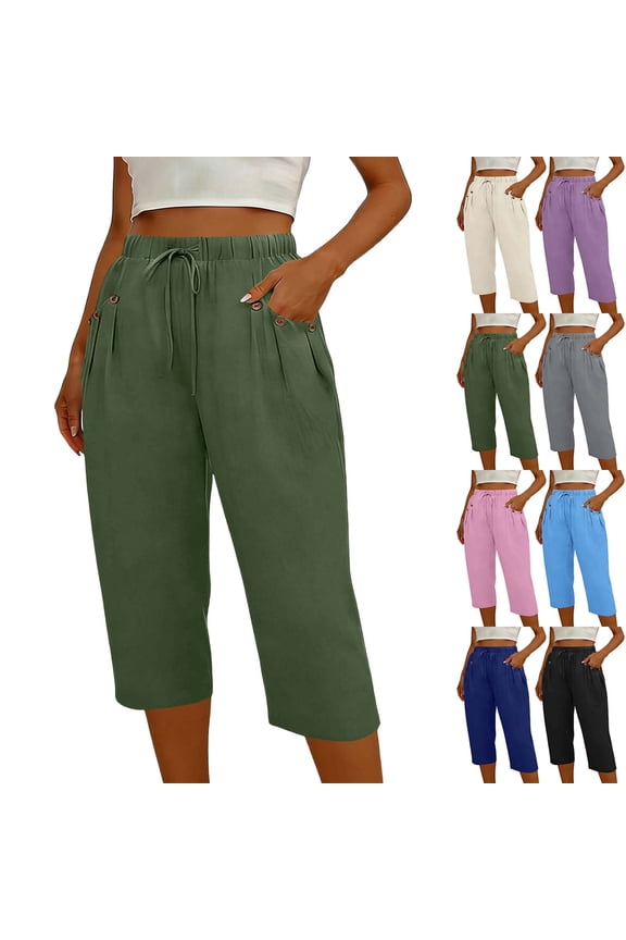 Summer Capris for Women Pleated Button Pockets Loose Lightweight Casual Linen Capri Pants with Drawcord (XL, Army Green)