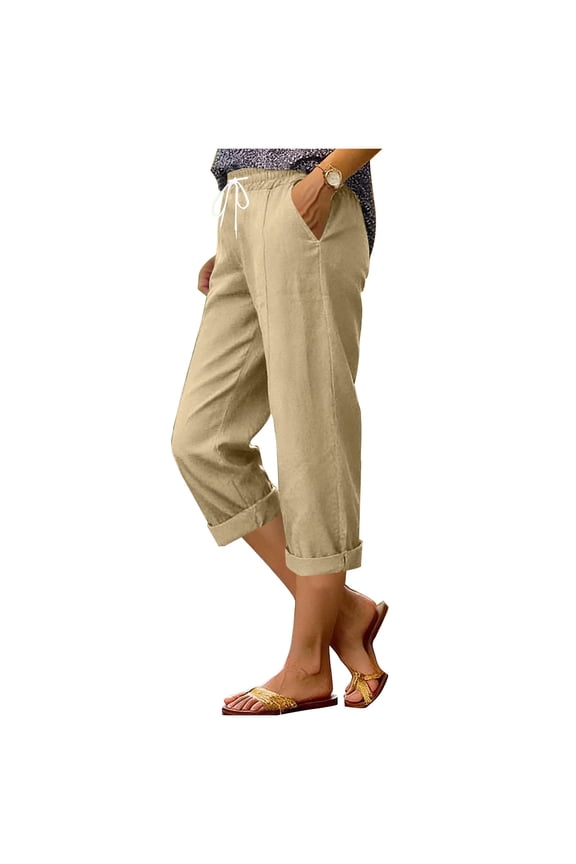 Summer Capris for Women with Pockets Drawstring Elastic Waist Wide Leg Linen Capri Pants Light Casual Beach Pant (XL, Khaki)