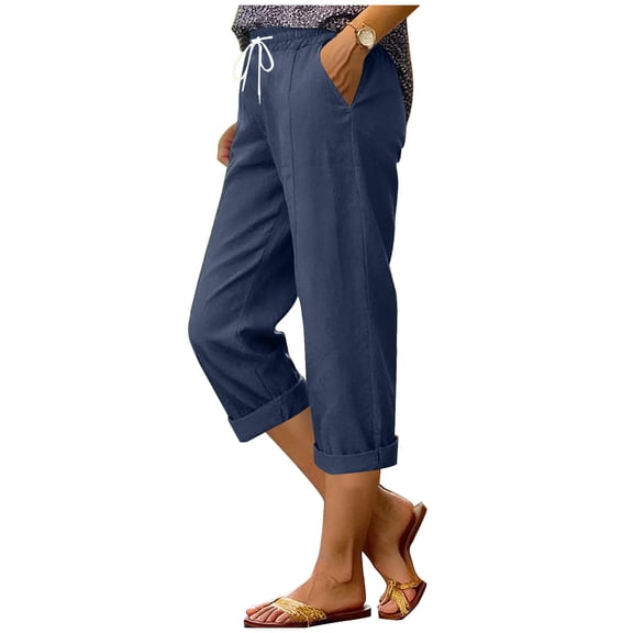 Summer Capris for Women with Pockets Drawstring Elastic Waist Wide Leg Linen Capri Pants Light Casual Beach Pant (XL, Navy)