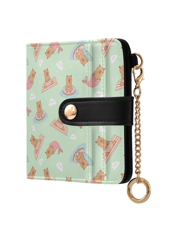 Summer Capybara Cloud Doughnut Small Wallet for Women RFID Blocking Bifold PU Leather Credit Card Holder with Zipper Coin Pocket Compact Cute Travel Purse Magnetic Snap 7 Card Slots