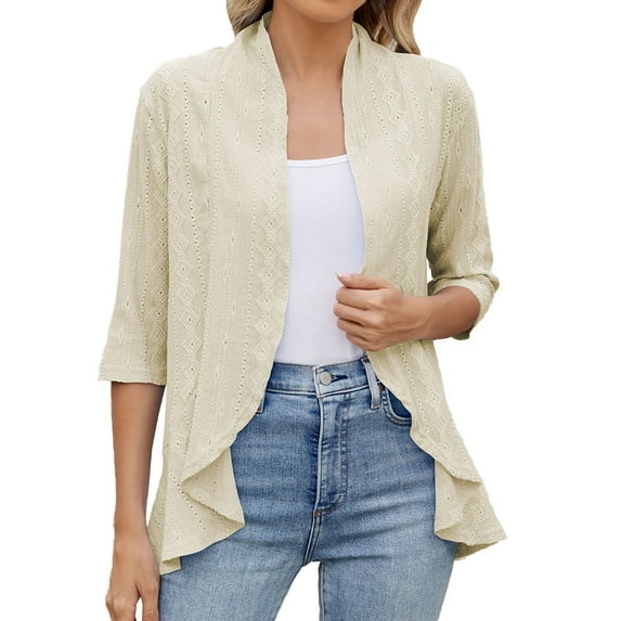 Summer Cardigan New Solid Color Cardigan Coat With Cropped Sleeves Ruffled Top Light Cardigans Women Summer Beige M