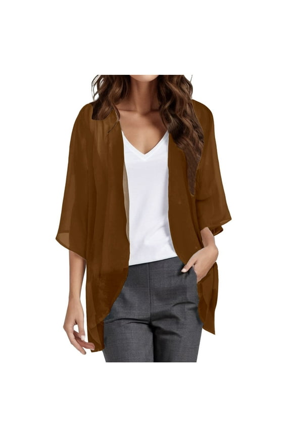 Summer Cardigan Solid Elegant Puff Sleeve Chiffon Cardigan Cover Up Blouse Top Womens Cardigans Lightweight Brown XXXXL