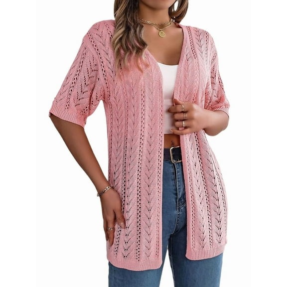 Summer Cardigan Sweaters for Women Light-Weight Half Sleeve Open Front Cropped Crochet Beach Cover Ups Pink XL