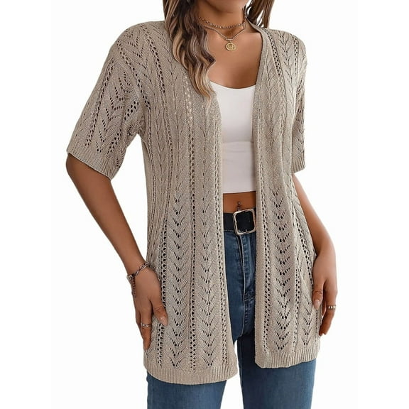 Summer Cardigan Sweaters for Women Light-Weight Half Sleeve Open Front Cropped Crochet Beach Cover Ups Khaki XL