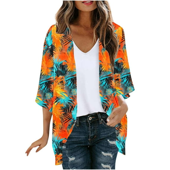 Summer Cardigan for Women Retro Printed Tunic Blosues 3/4 Sleeve Tops Baggy Boho Shirts Loose Relaxed Fit Outfits Spring CaUSAl Vintage Cardigans Going Out Beach Holiday Clothing