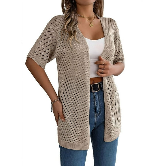 Summer Cardigan Women'S Short Sleeve V Neck Crochet Loose Front Open Hollow Cover Up Khaki S