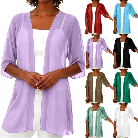 Summer Cardigan for Women Plus Size Versatile Sun Protection Open Front 3/4 Sleeve Chiffon Cardigan Outdoor Beach Cover-up