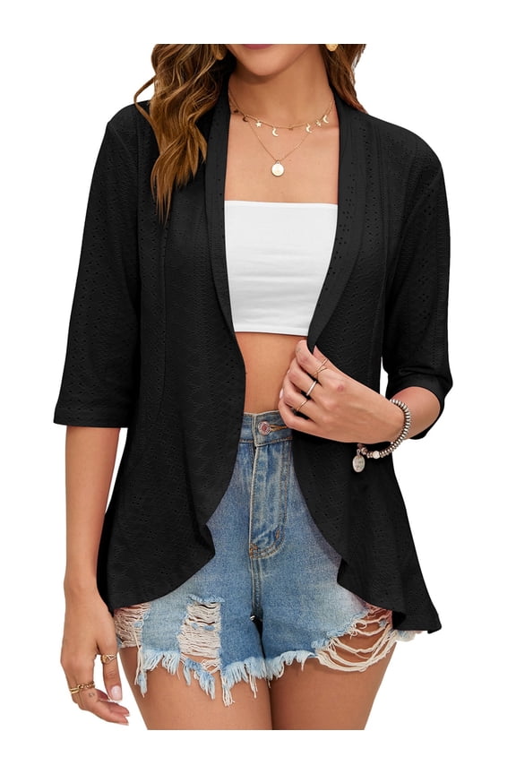 Summer Cardigan for Women Spring Netted Knit Ruffle Half Sleeve Cover Ups Black M