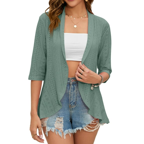 Summer Cardigan for Women Spring Netted Knit Ruffle Half Sleeve Cover Ups Dark Green XL