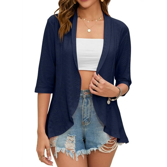 Summer Cardigan for Women Spring Netted Knit Ruffle Half Sleeve Cover Ups Navy Blue L