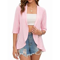 Summer Cardigan for Women Spring Netted Knit Ruffle Half Sleeve Cover Ups Pink M