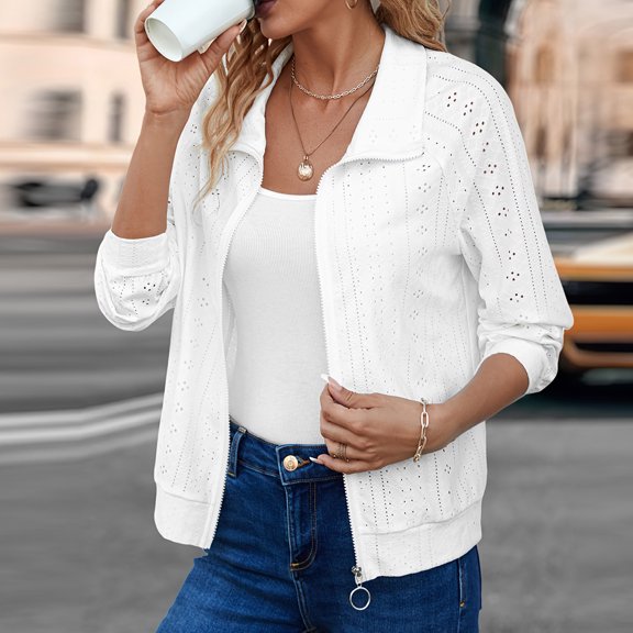 Summer Cardigan for Womens cardigans lightweight plus size Solid Long Sleeved Hoodless Outwear Zipper Jackets Top