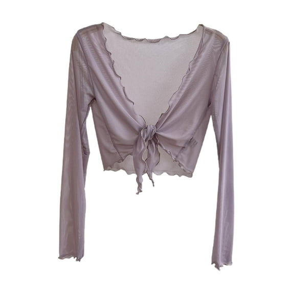 Summer Cardigans for Women ,Womens Solid Color Long Sleeve Edge Mesh Open Front Kimono Lace Up Cardigan Fall Comfortable Lightweight Short Blouses Casual Loose Elegant Tops