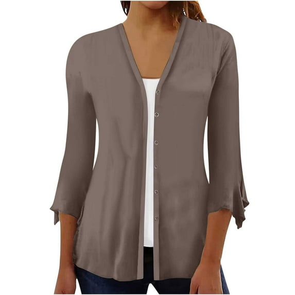 Summer Cardigans for Women Lightweight 3/4 Sleeve Ruffle Cardigans Open Front Button Cardigan Floral Cardigan Blouses 2023