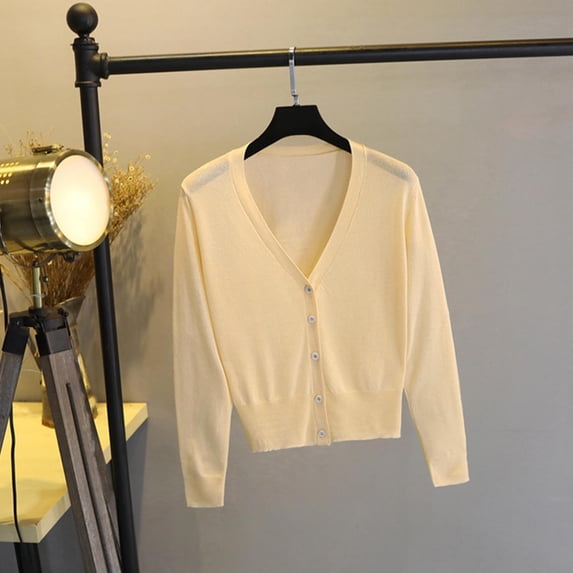 Summer Cardigans for Women Lightweight Women's Cropped V Neck Button Cardigan Lightweight Thin Long Sleeve Knitwear for Casual Layering Beige 3XL