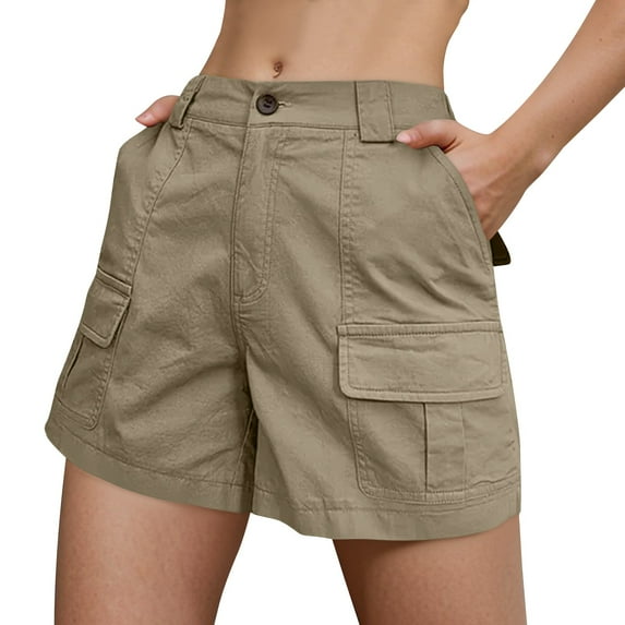 Cargo Shorts Women Elastic Mid Rise Outdoor Hiking Athletic Button Denim Knee Bermuda Plus Size Casual Lady Clothes W/Pockets Light Brown L 5" Inseam