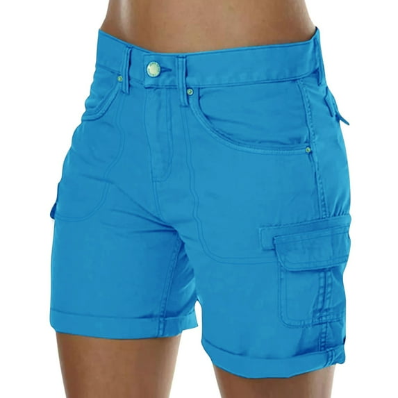 Cargo Shorts Women Elastic Mid Rise Outdoor Hiking Athletic Button Twill Denim Knee Bermuda Plus Size Casual Lady Clothes W/Pockets Blue M 8" inseam