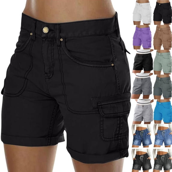 Cargo Shorts Women Elastic Mid Rise Outdoor Hiking Athletic Button Denim Knee Bermuda Plus Size Casual Lady Clothes W/Pockets Black 2XL 9" inseam