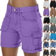 thumbnail image 1 of Cargo Shorts Women Elastic Mid Rise Outdoor Hiking Athletic Button Denim Knee Bermuda Plus Size Casual Lady Clothes W/Pockets Purple XL 8" inseam, 1 of 7